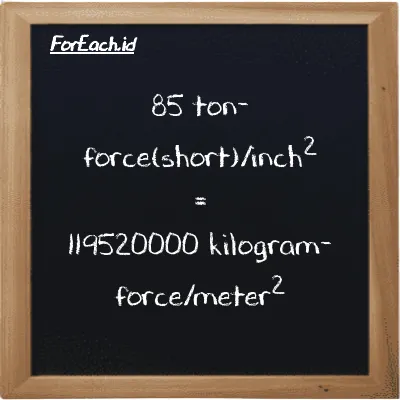 85 ton-force(short)/inch<sup>2</sup> is equivalent to 119520000 kilogram-force/meter<sup>2</sup> (85 tf/in<sup>2</sup> is equivalent to 119520000 kgf/m<sup>2</sup>)
